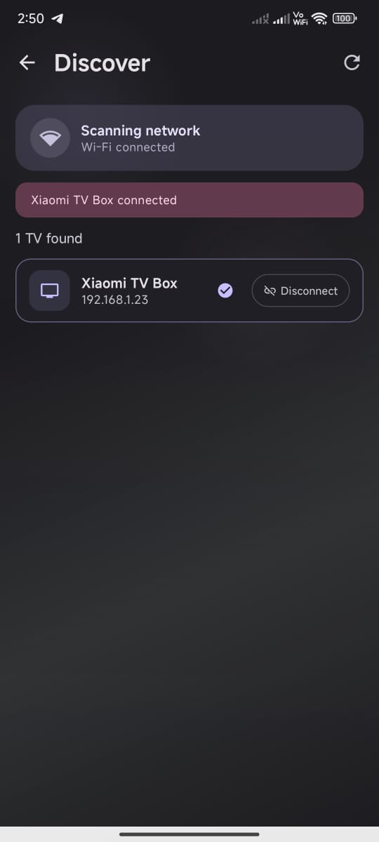 Tela de descoberta de TVs do Voltz Remote