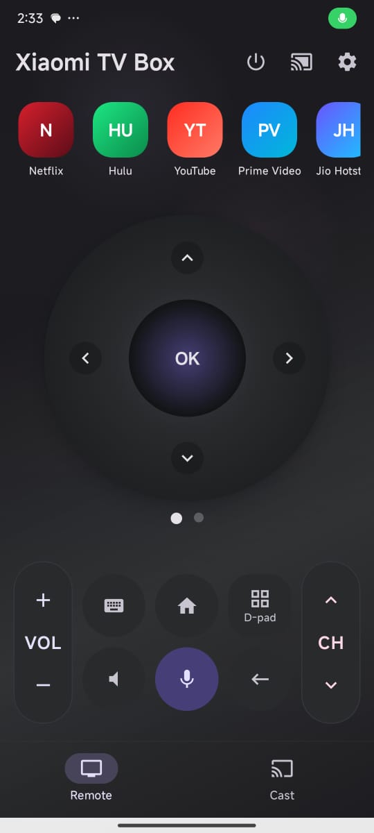 Tela principal do controle Voltz Remote